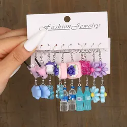 10Pairs Women Earrings Sweet Fruit Drink Daisy Earrings Set Cute Cartoon Food Ice Cream Animal Resin Earrings Girls Jewelry