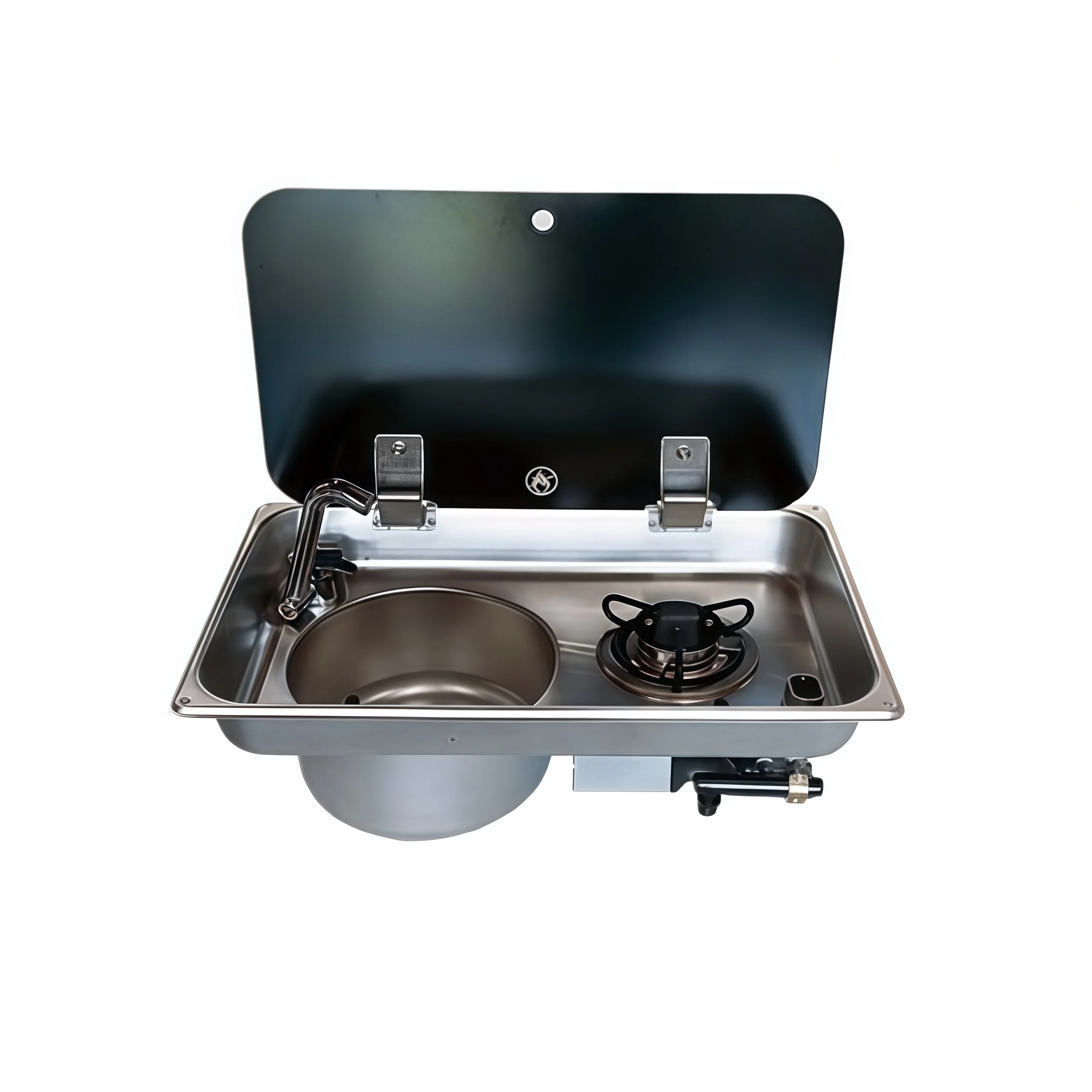 Stainless Steel RV Kitchen Sink and Gas Stove Combo with Glass Lid Single Burner & Basin for Camper Van Caravan