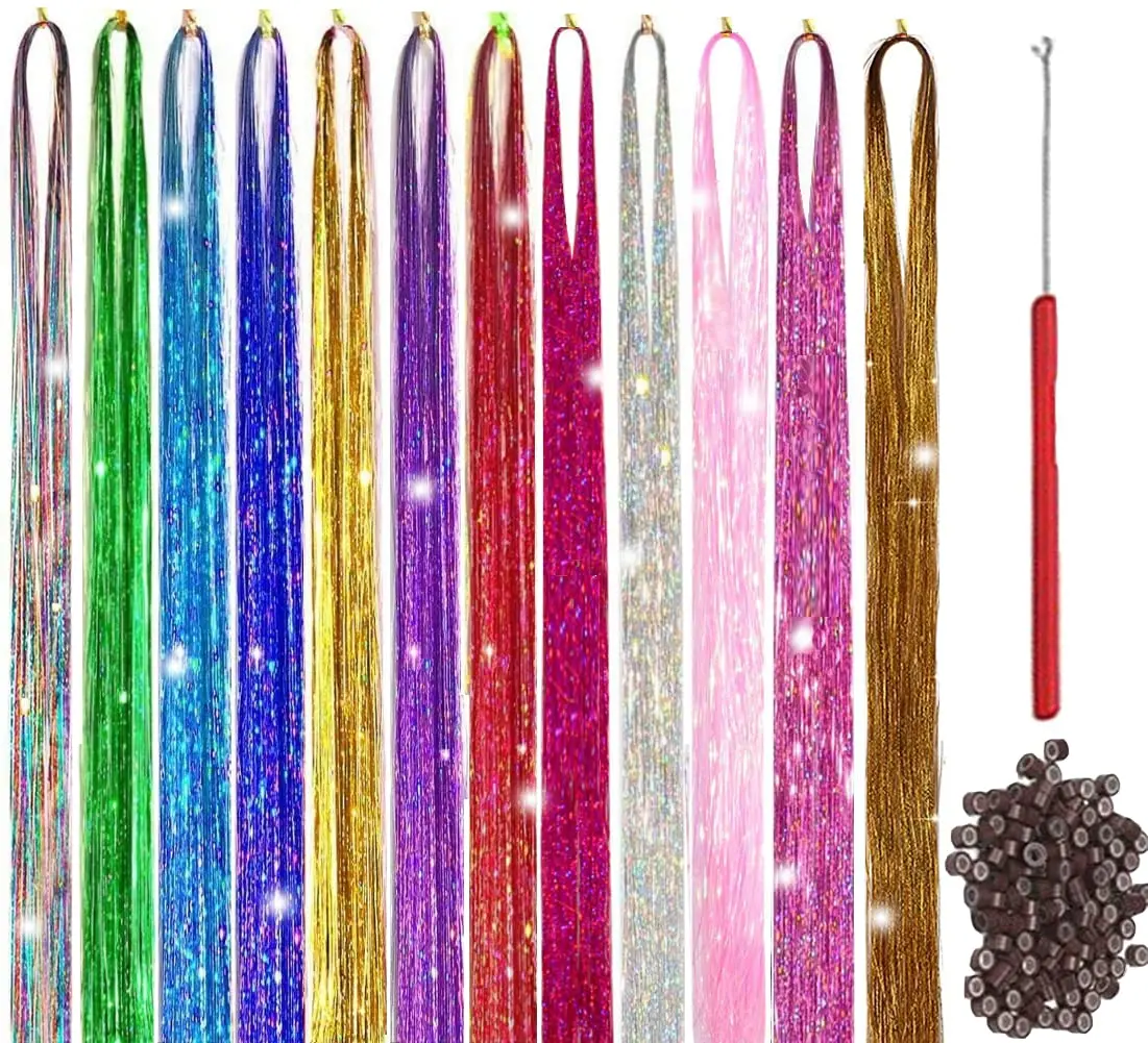 

Hair Tinsel Kit With Tool 4200 strands Fairy Tinsel Hair Extensions 12 Color Sparkling Shiny Heat Resistant Highlights Glitter