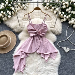 Women Chic Halter Camis split asymmetrical pleated Tank Top Basic Sexy Fashion Off Shoulder Summer Women Crop Top