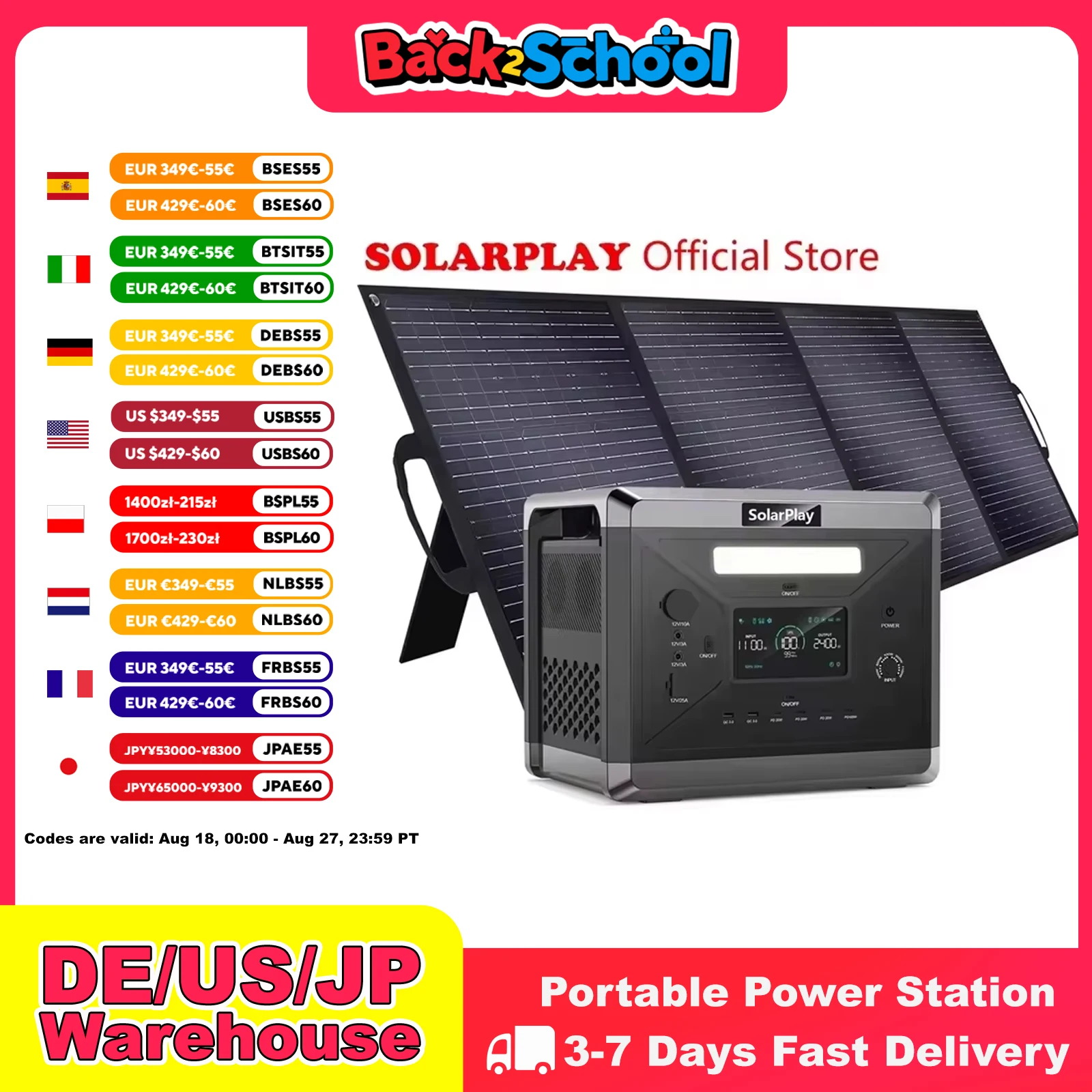 

SOLARPLAY 2400W Power Station 2160Wh Portable Lifepo4 Battery 675000mAh UPS Energy Storage Supply With 200W Solar panel ForHome