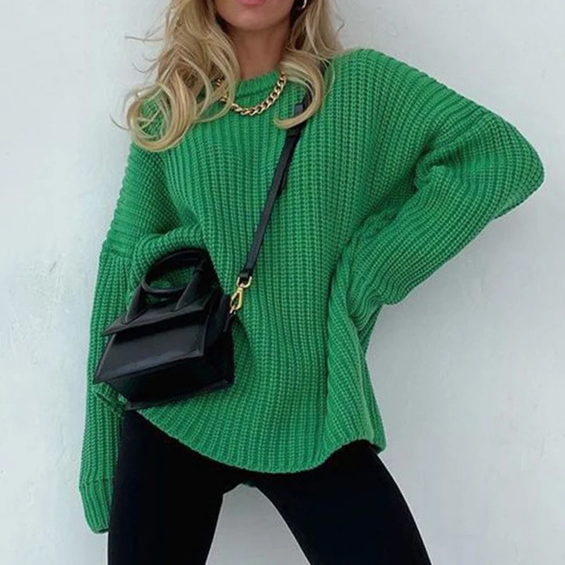 

2023 Winter Long Sleeve Pullover Jumper Autumn O-Neck Knitted Sweater Fashoin Green Loose Tops Casual Office Women Clothes 29119