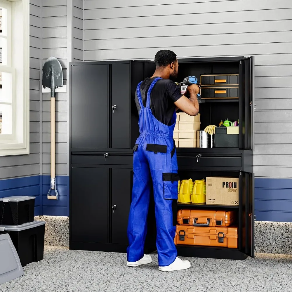 خزانة تخزين جراج معدنية مع أبواب قفل وأرفف قابلة للتعديل، خزانة تخزين أدوات مقاس 71 بوصة مع درج واحد للمرآب #2