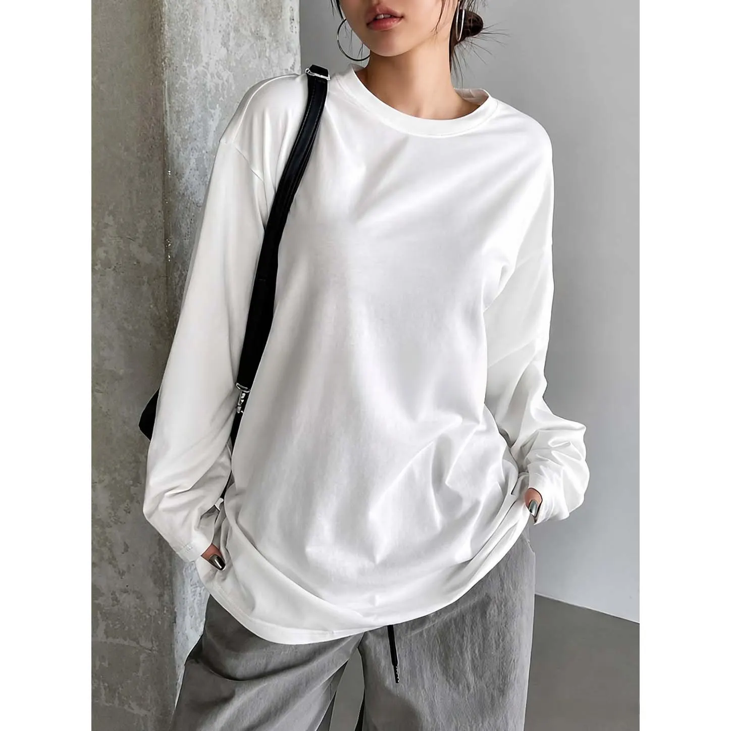 Loose for Fit Solid Color Women T-Shirt Made of Polyester For Crew Neck Long Sleeve Mid-Length for Vacation Beach Yoga Cycling