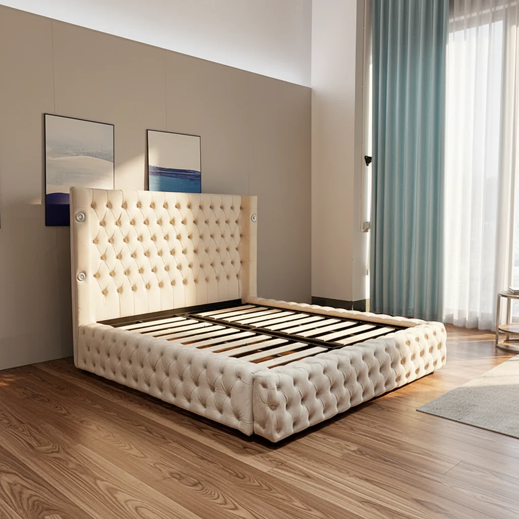 # Modern Adjustable Durable Soft Bed Set with Storage Queen/King Size Fabric Upholstery Wood Frame Bedroom Furniture