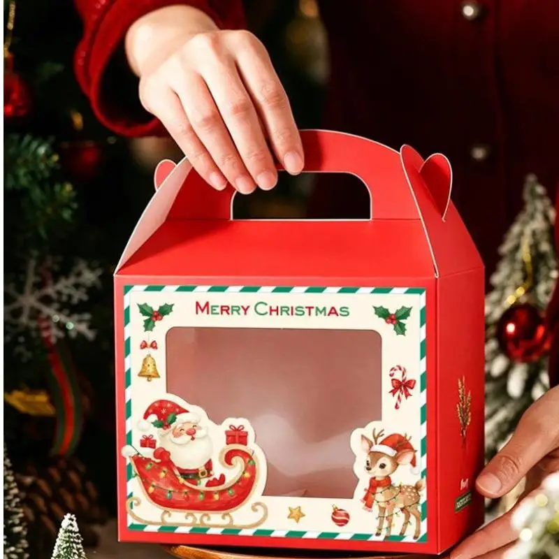 New Christmas Gift Boxes With Clear Window And Portable Handle For Cookies Candies Apples Xmas Holiday Party Supplies