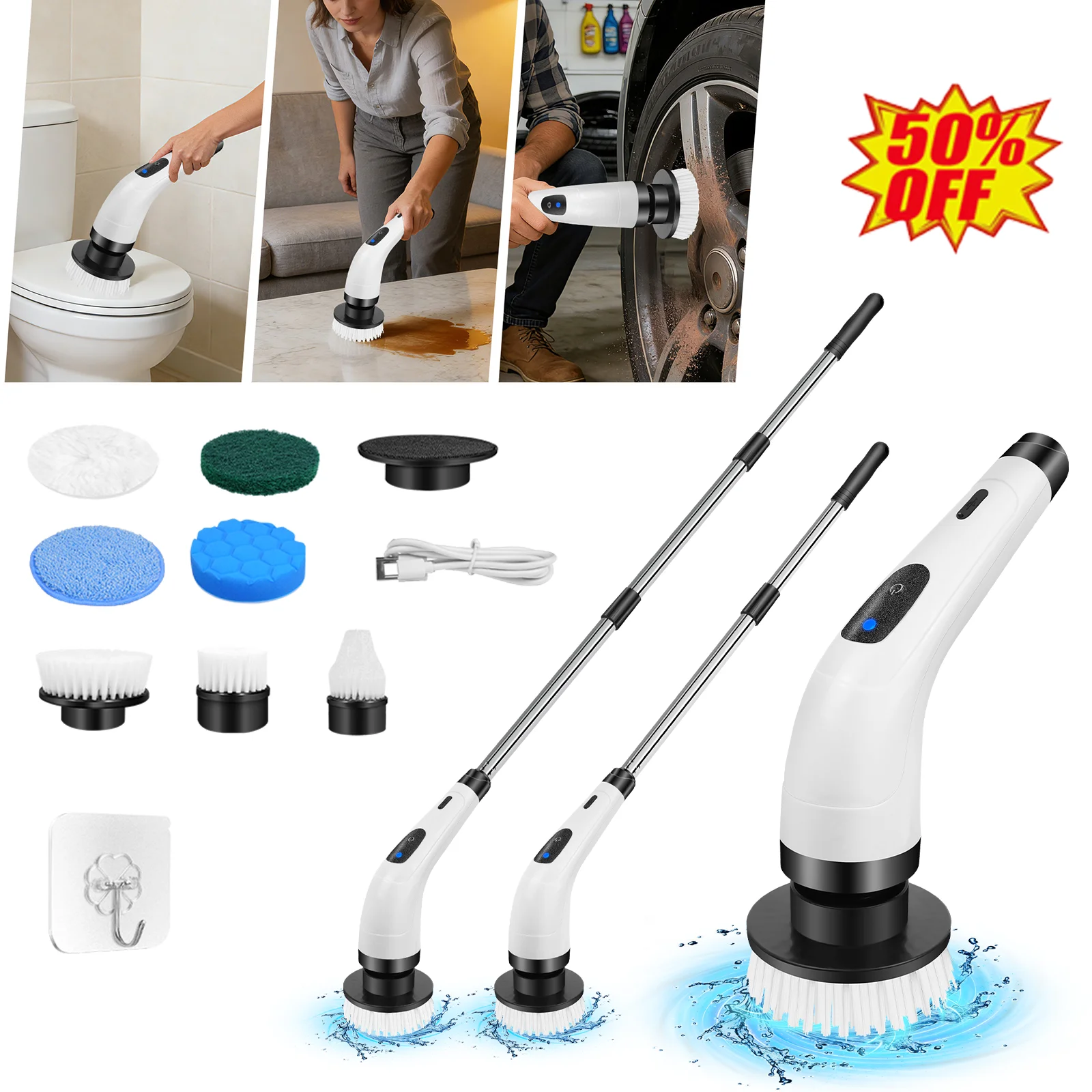 Cepillo de limpieza inalámbrico con mango extensible, 2 configuraciones de velocidad, 7 cabezales de cepillo diferentes adecuados para limpiar pisos, azulejos y automóviles.