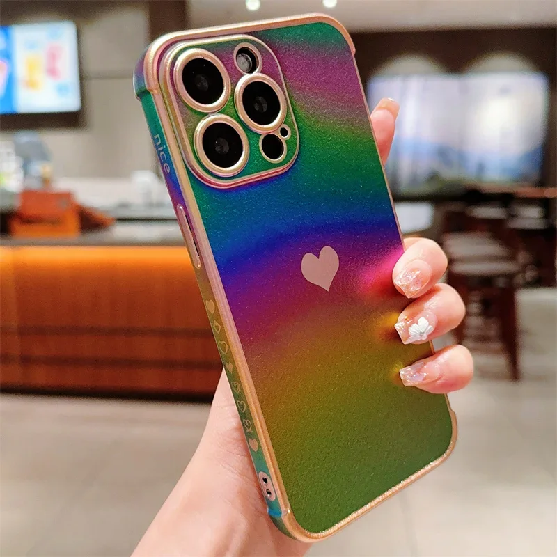 Colourful Love Heart Electroplated Phone Case For iPhone 16 15 14 13 12 11 Pro Max Plus Shockproof Silicone Soft TPU Back Cover