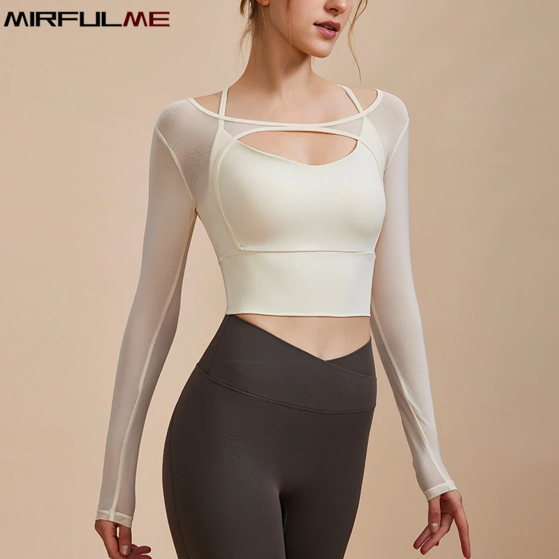 Women Slim Yoga Shirt Long Sleeve Sport Shirts Padded Underwear Mesh Running Sweatshirts Sexy Hollow Out Gym Fitness Tops Female