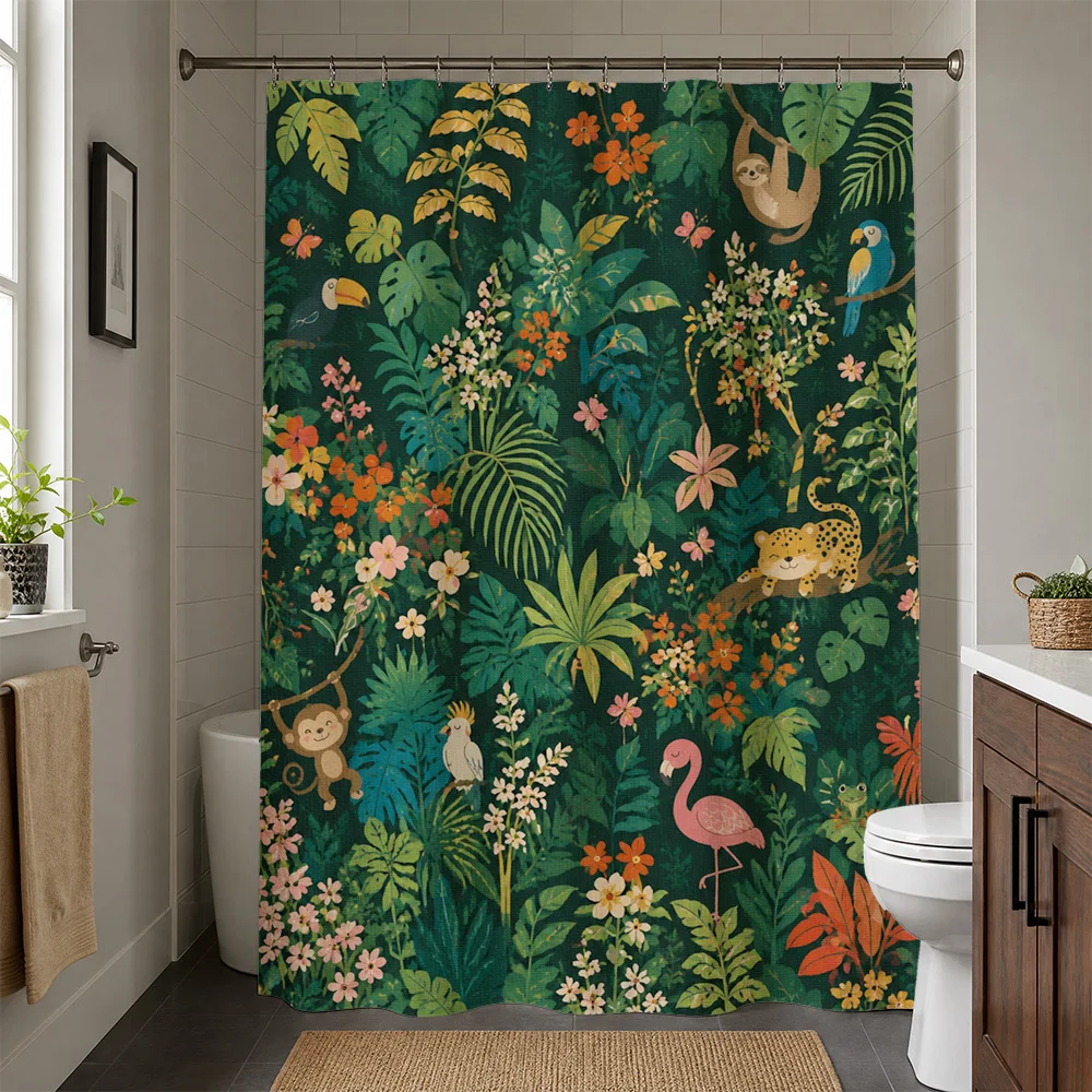 Vibrant Tropical Jungle Shower Curtain Botanical Print Bathroom Decor Curtain for Modern Home Bathroom Shower Curtain