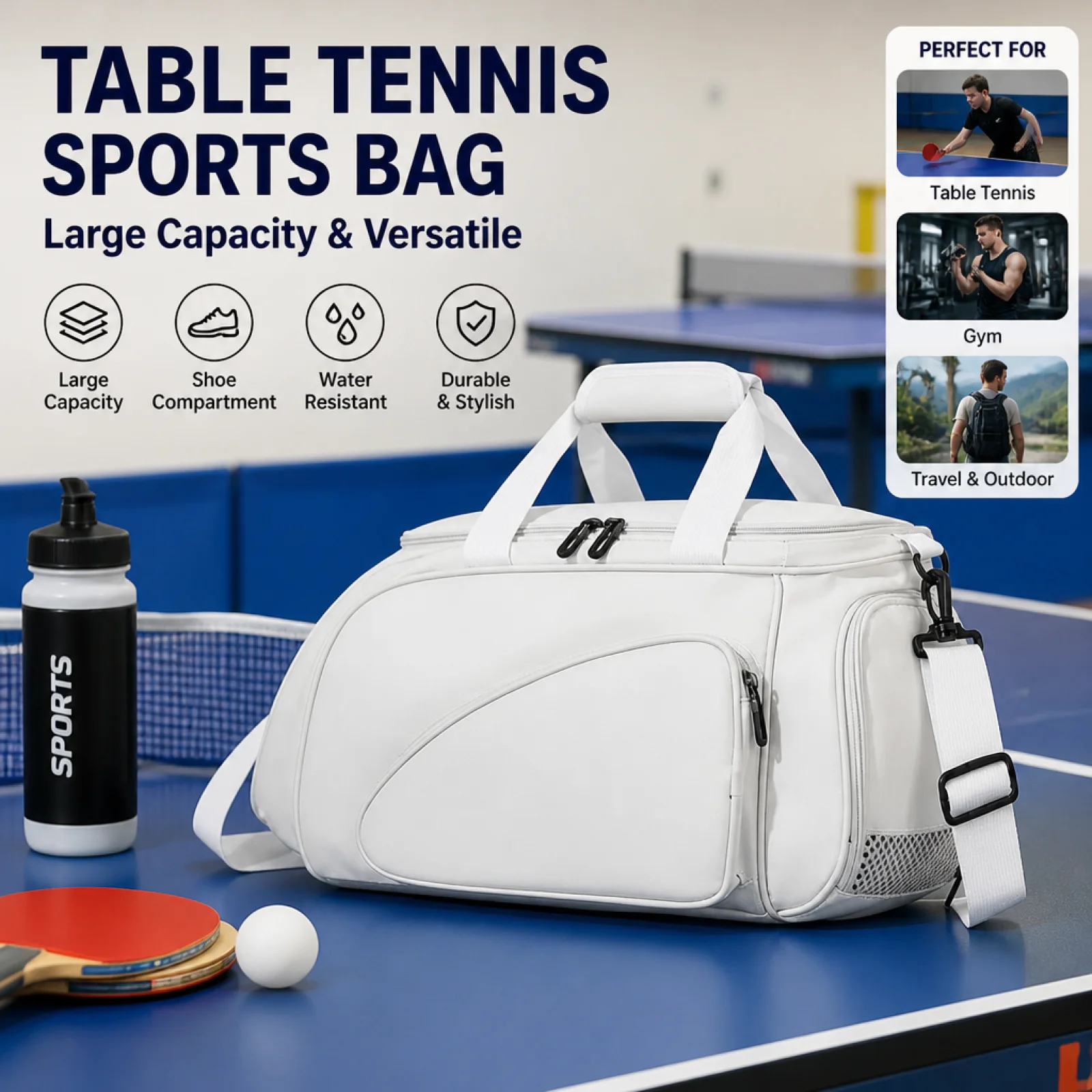 Table Tennis Bag Multi-Compartment Layout Large Capacity Athletic Duffel Separate Shoe Compartment for Athletes, Fitness,