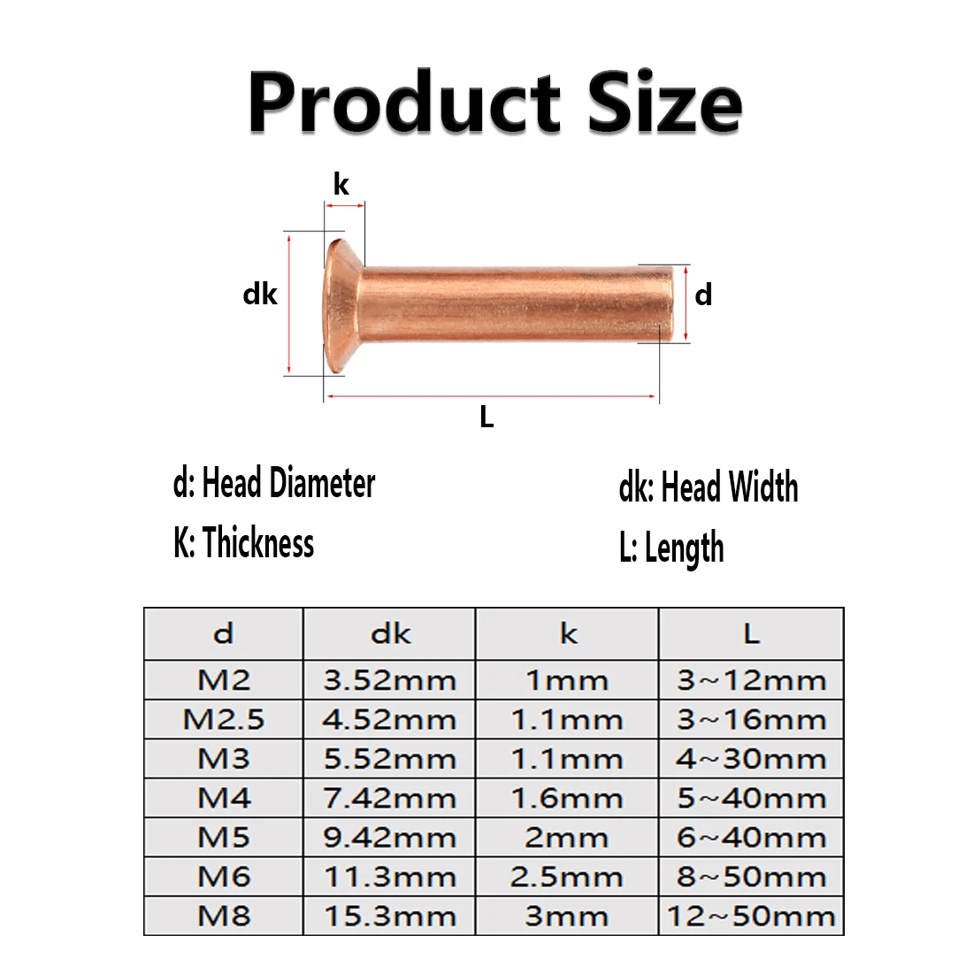 Rivetti a testa svasata in rame massiccio DIN 661 2mm 2.5mm 3mm 4mm 5mm 6mm 8mm Rivetto