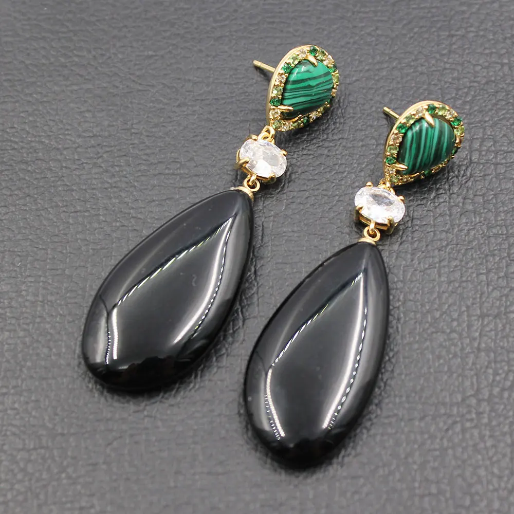 

Natural Black Onyx Clear Crystal Green Malachite Stud Dangle Earrings