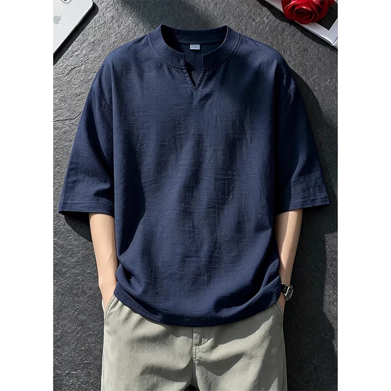 Men's Faxu Linen Henley Short Sleeve T Shirts Lightweight Breathable Solid Color Casual Loose Fit Tees Summer Beach Vacation Top