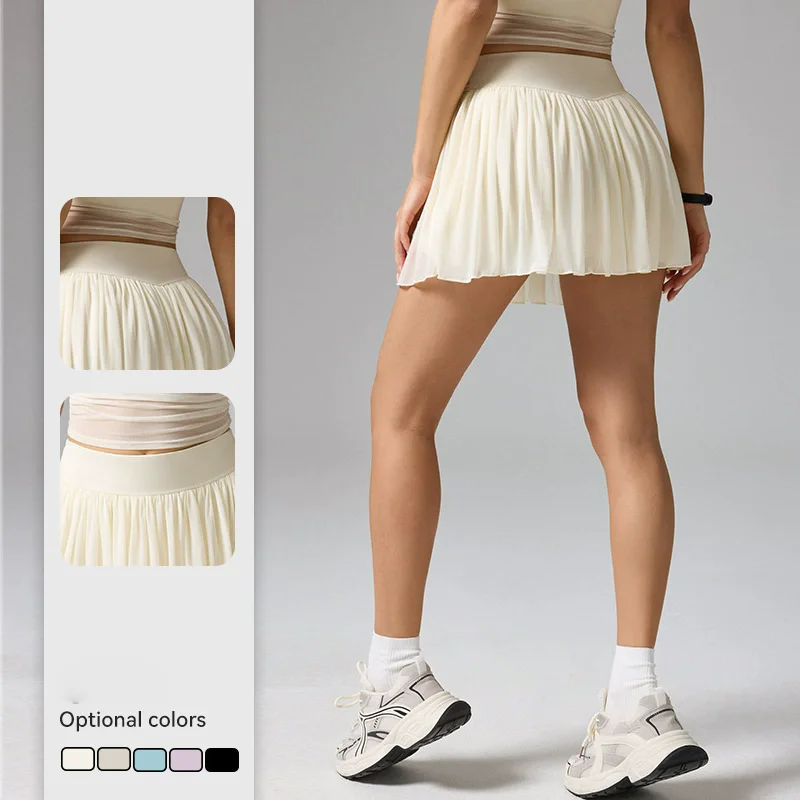 Fashionable Sports Tennis Skirt With Pocket Breathable Sun-Protective Badminton Skirt Running Fitness Short Chiffon Skirt