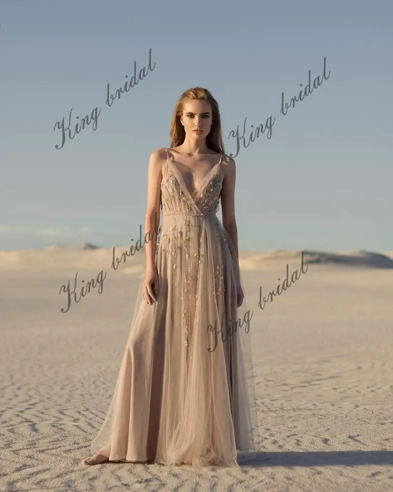 فستان زفاف بفتحة من التول مفتوح الظهر لحفلات الزفاف مطرز يدويًا بدون أكمام على شكل حرف a فستان زفاف فساتين سهرة للحفلات الراقصة