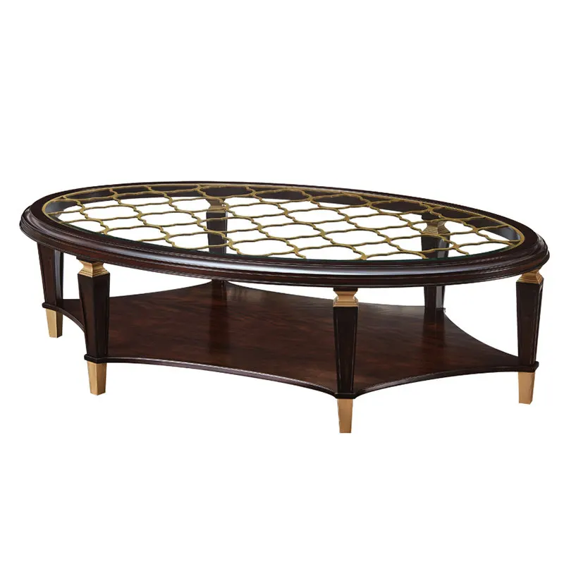 

American light luxury solid wood glass coffee table oval living room tea table