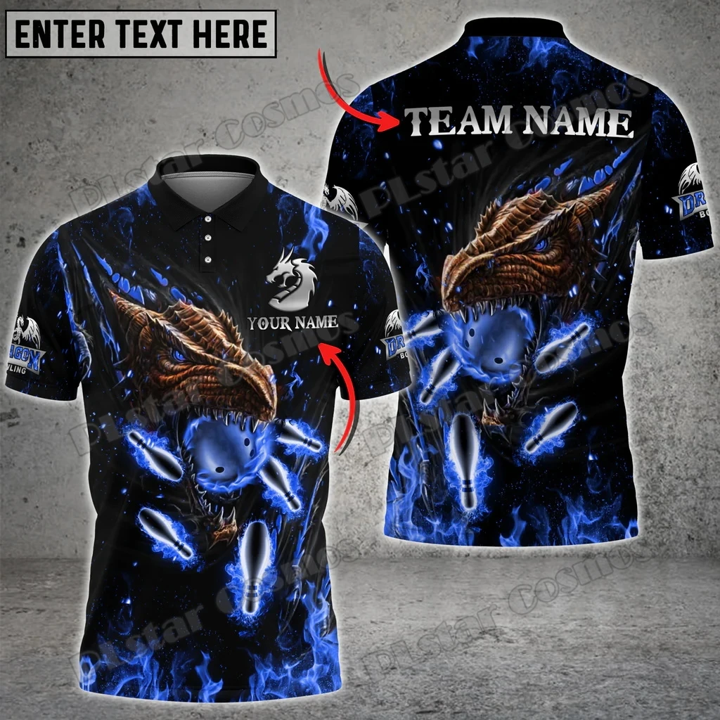 Flame Dragon Bowling And Pins Personalized Name 3D Printed Fashion Men\'s Polo Shirt Summer Street Unisex Casual Polo shirt WK116