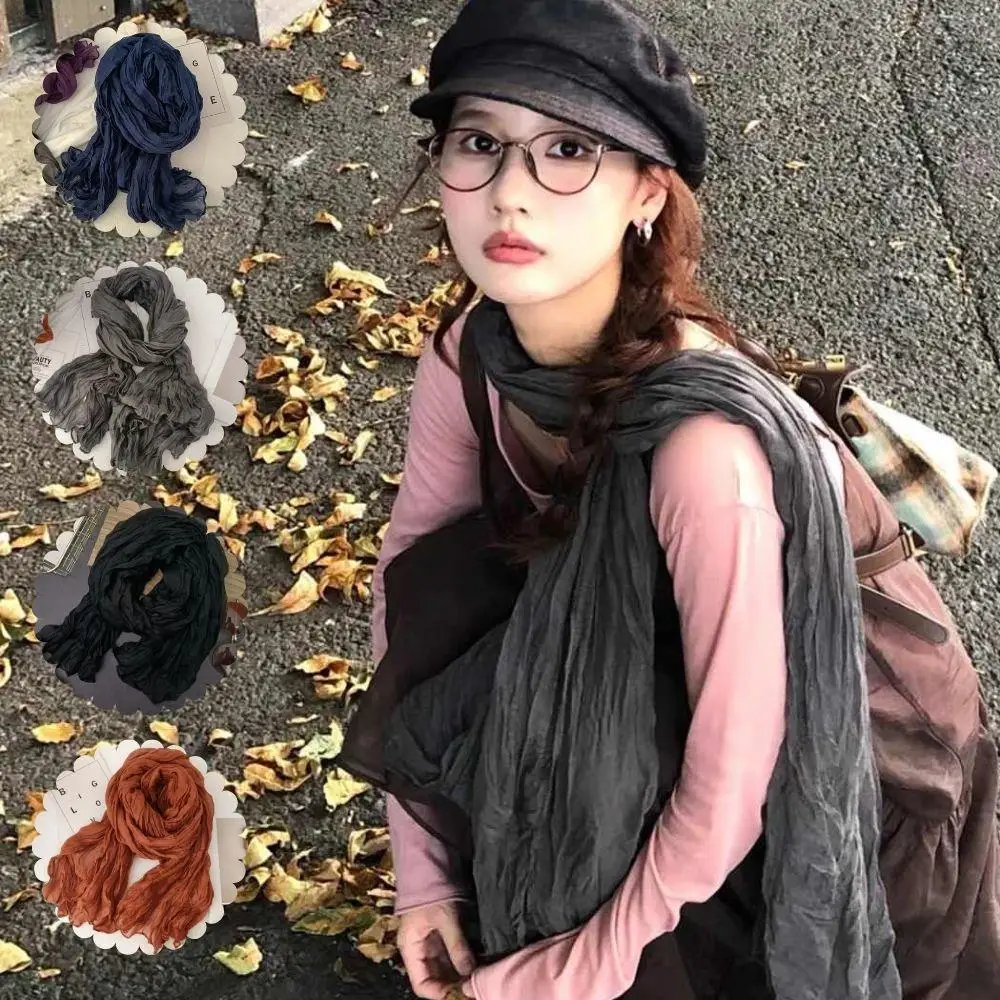 

Женский однотонный плиссированный длинный шарф в стиле ретро, универсальная длинная складная шаль, осень-зима, мягкий теплый шарф на шею, корейский хлопковый шарф из конопли