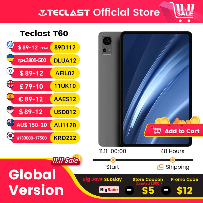 Teclast T60 12 inch 2K Tablet Android 14 8GB+12GB RAM 256GB ROM T620 octa-core 8000mAh 18W PD Fast Charging 4G VoLTE GPS Tablets