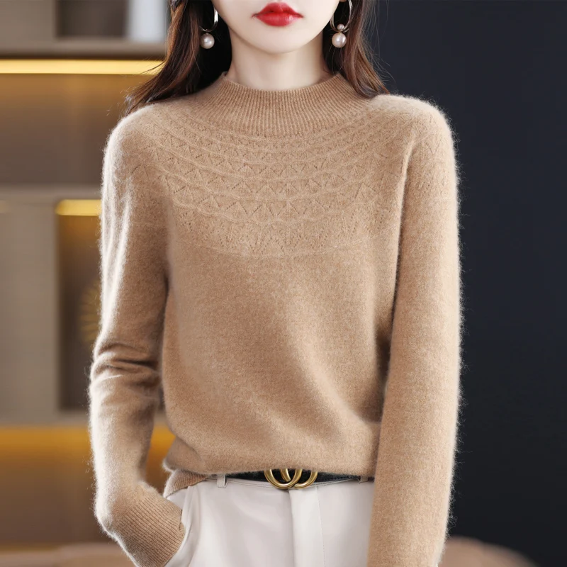 100% pure wool new first-line ready-to-wear seamless hollowed-out semi-high collar solid color long-sleeved sweater female