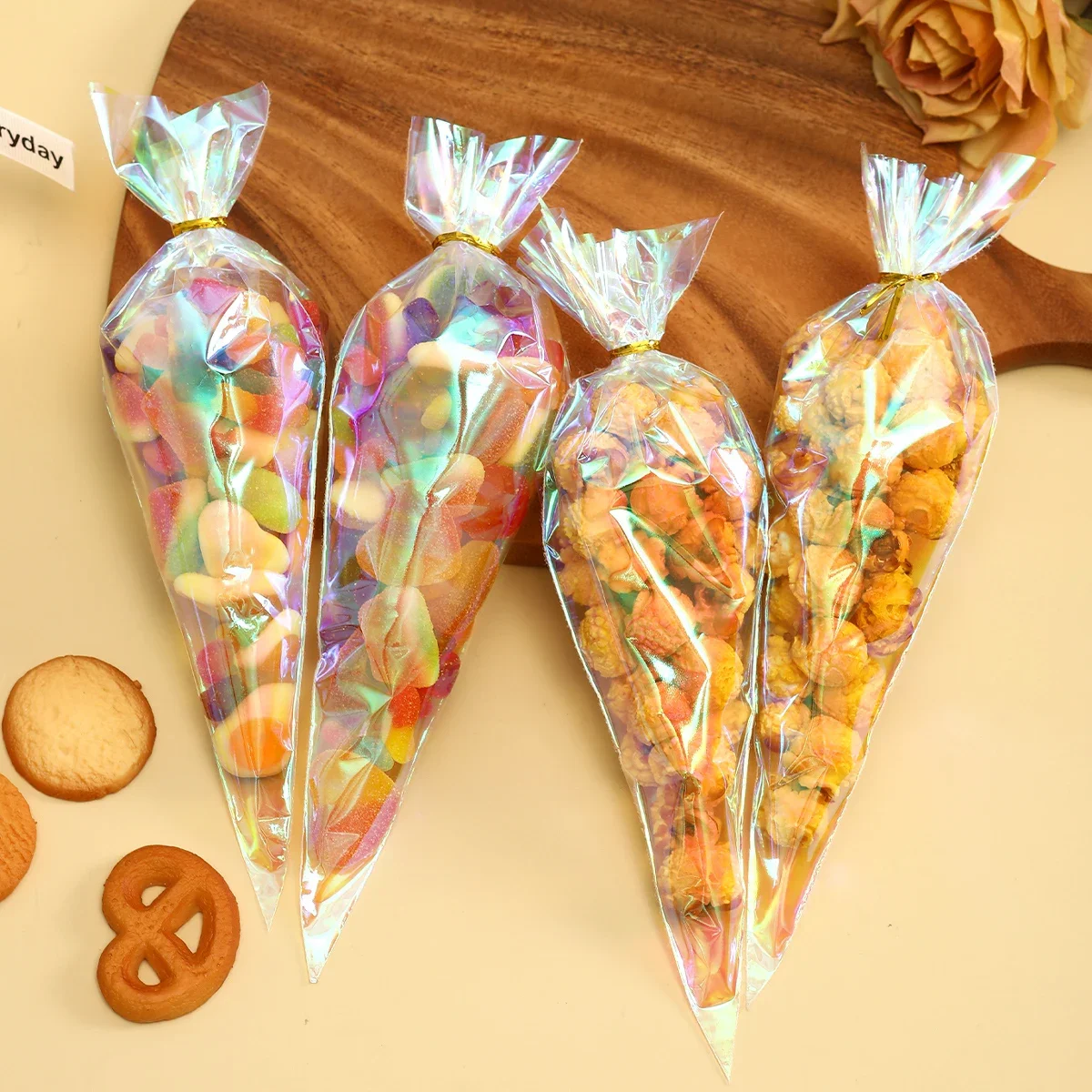 50 stücke Regenbogen Cellophan Geschenkt üten holo graphische Party bevorzugen Taschen für Geschenke, Leckereien und Veranstaltungen-perfekt für Feiertage, Geburtstage – Detail 5