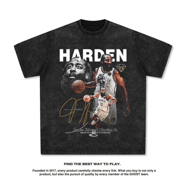 

Harden American Star T-shirt, Street Hip-hop Trendy Brand, Retro Print, Aged, Washed, Heavy, Pure Cotton Short-sleeved