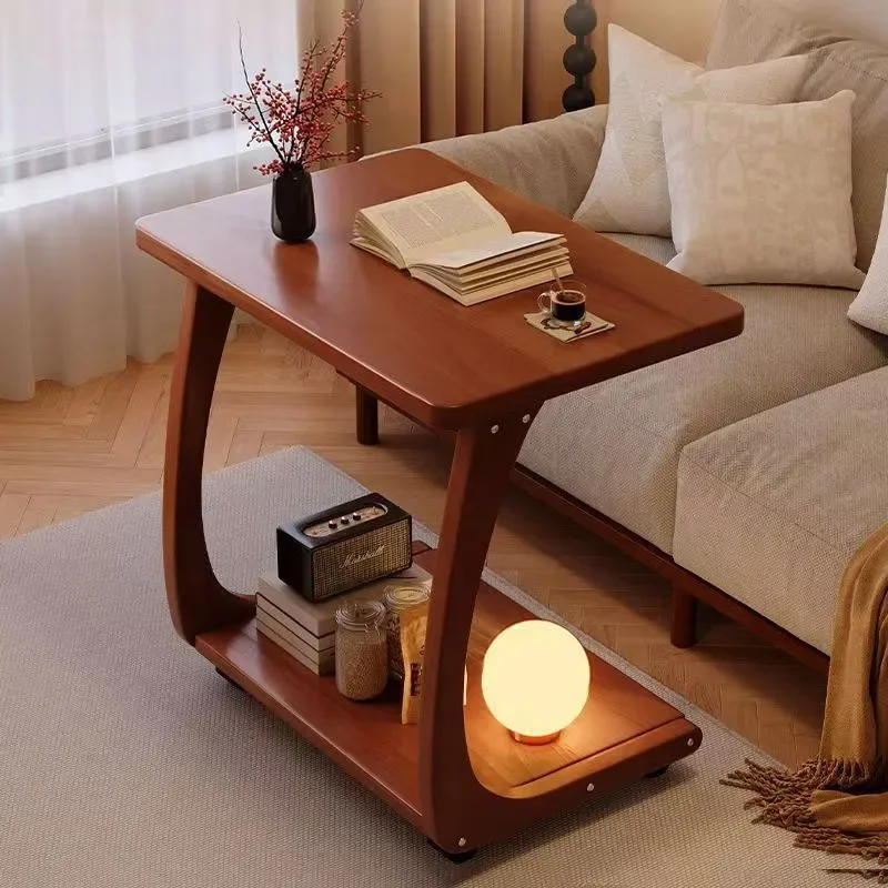 Solid Wood Sofa Side Cabinet Removable Table With Wheels Mini Coffee Table Square Corner Tea Table