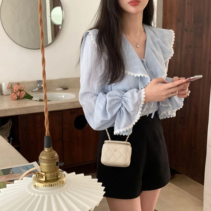 Ruffles Blouses Women Lace Slim Bandage Sweet Ladies Temperament Princess Flare Sleeve Fashion Ulzzang Simple All-match Classic