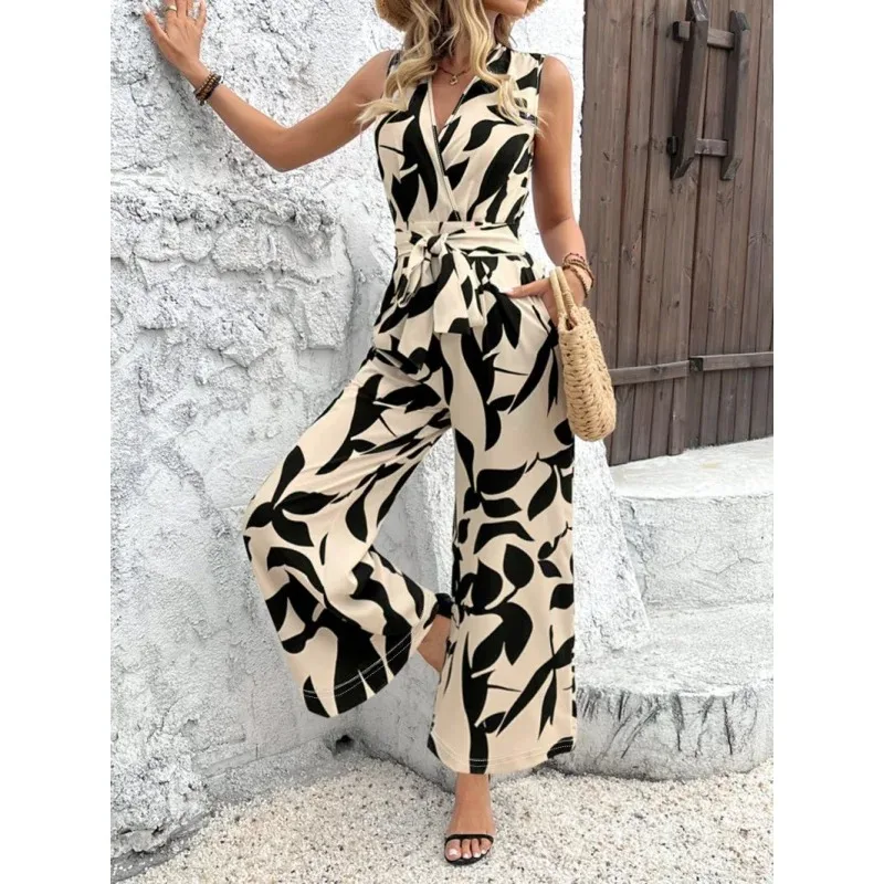 

Spring and Summer New Sleeveless Printed Fashion High Waist Tie Wide Leg Jumpsuit