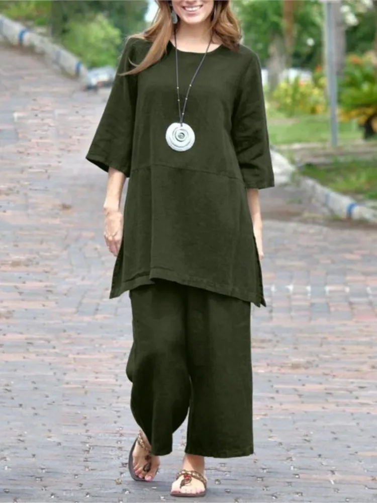 المرأة الصلبة الرجعية السراويل مجموعة القطن الكتان عارضة طويلة الأكمام فضفاضة مجموعة جديدة الصيف أزياء أنيقة مكتب عطلة مجموعات وتتسابق