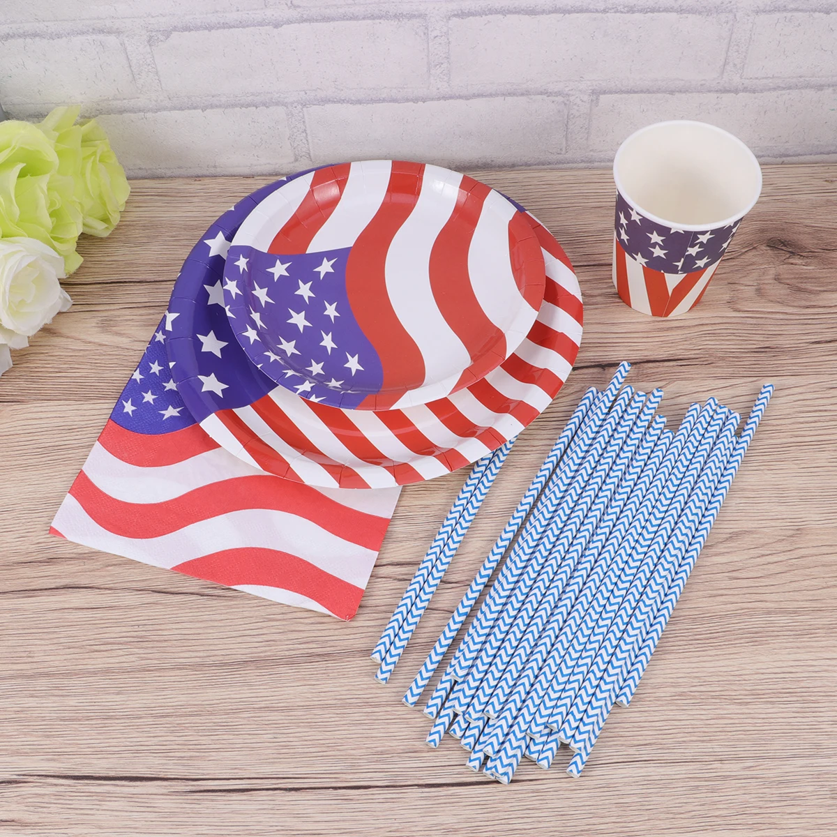 

69 Pcs Set 8 Paper Tableware Set Plates 8 Cups 20 Napkins 25 Straws Patriotic Party Supplies Banner Decorations