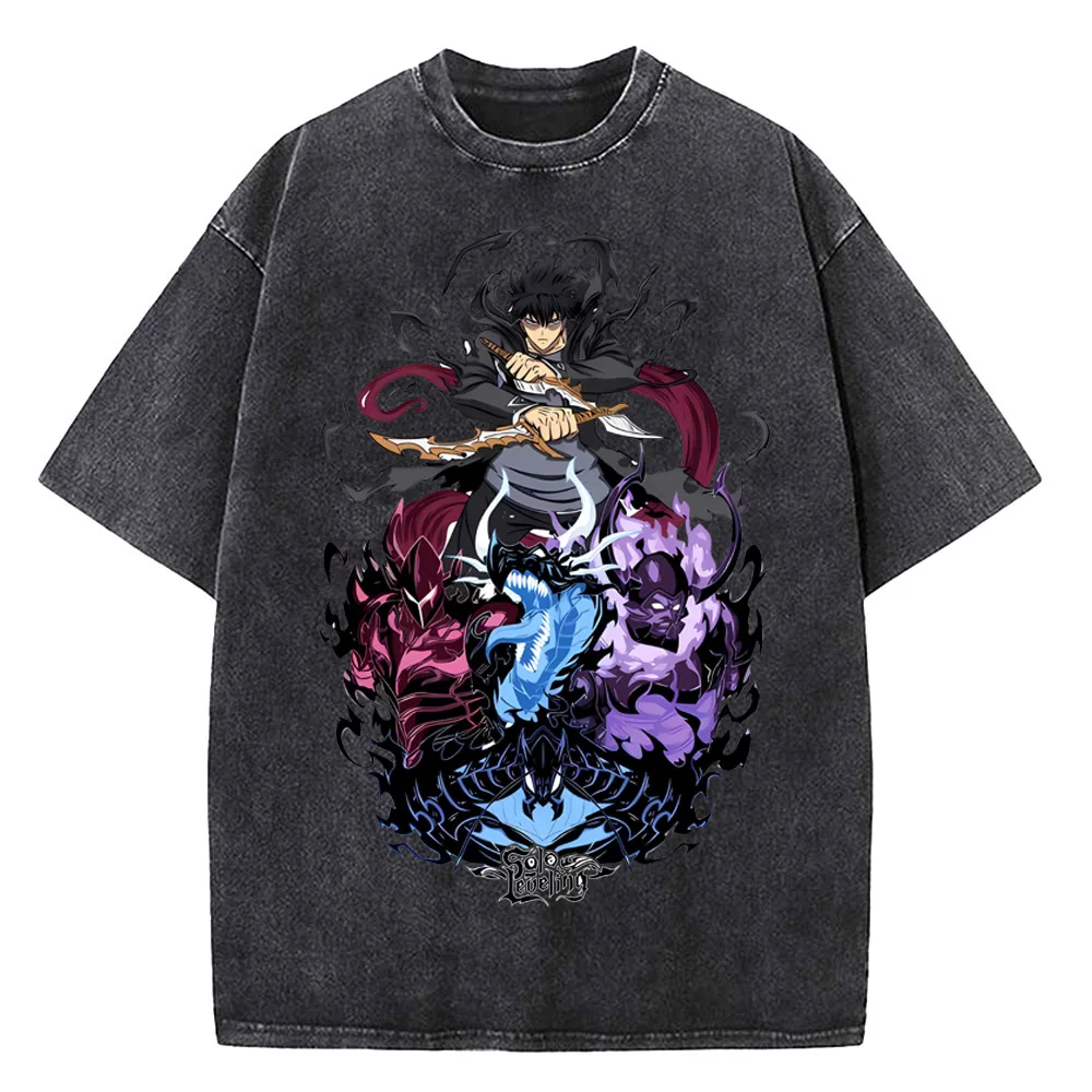 

Vintage Washed Cotton T Shirt Men Cotton Streetwear Anime Solo Leveling Graphic Print Tops Harajuku Loose Short Sleeve Tees