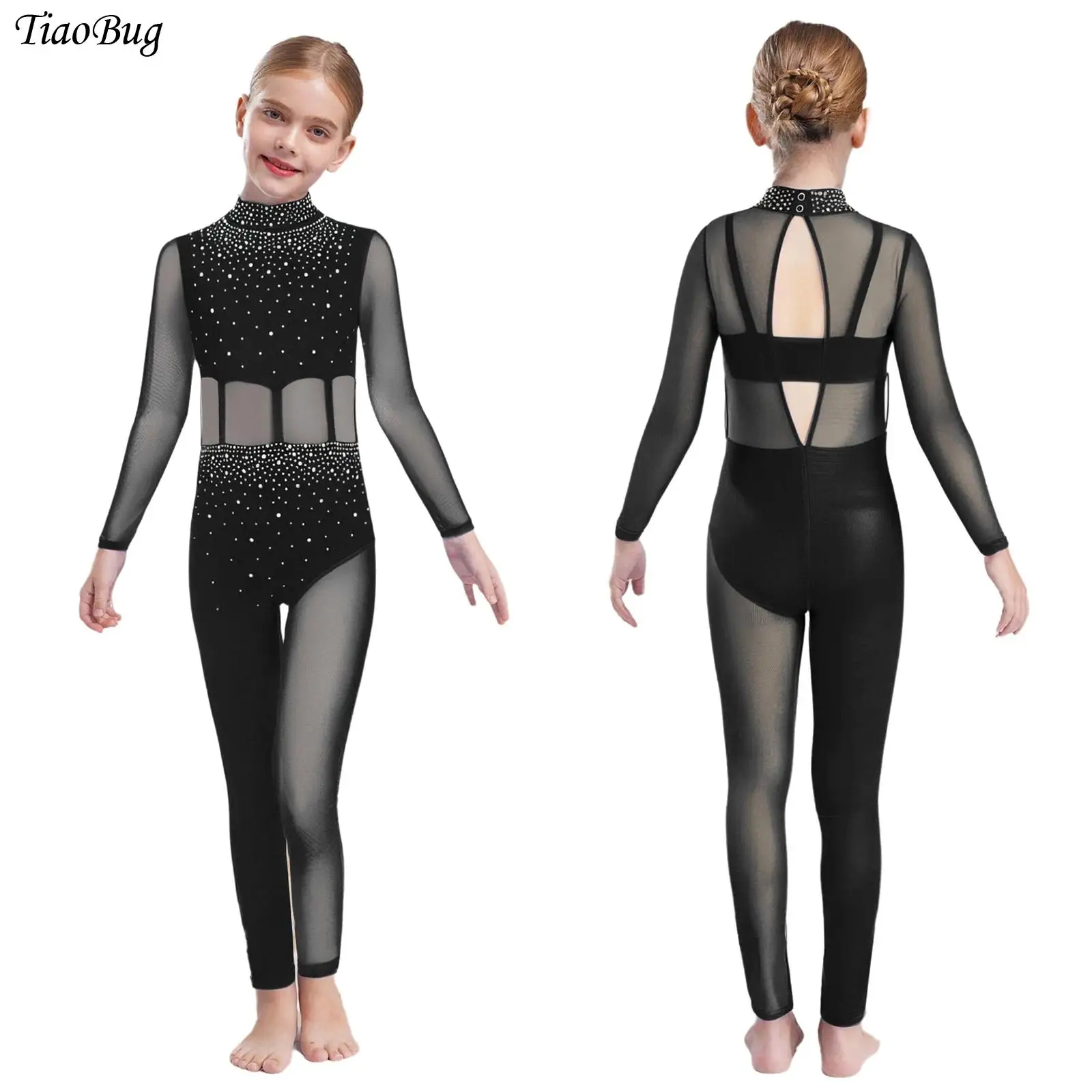 

Kid Girls Gymnastics Leotard Jumpsuit Figure Skating Dance Costume Mock Neck Long Sleeve Sheer Mesh Sparkly Rhinestones Bodysuit