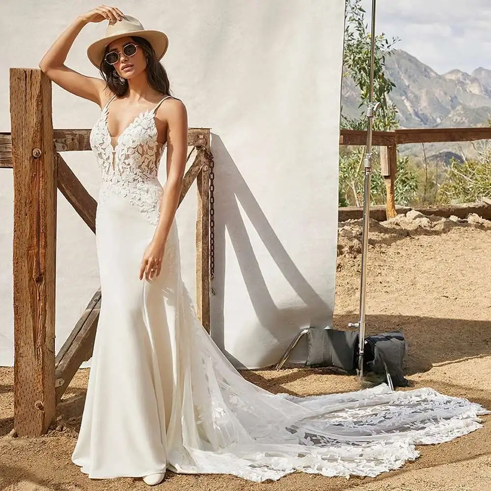 

Mermaid Wedding Dresses For Woman Bridal Satin Spaghetti Straps Backless Appliques Robe De Mariee Custom Made