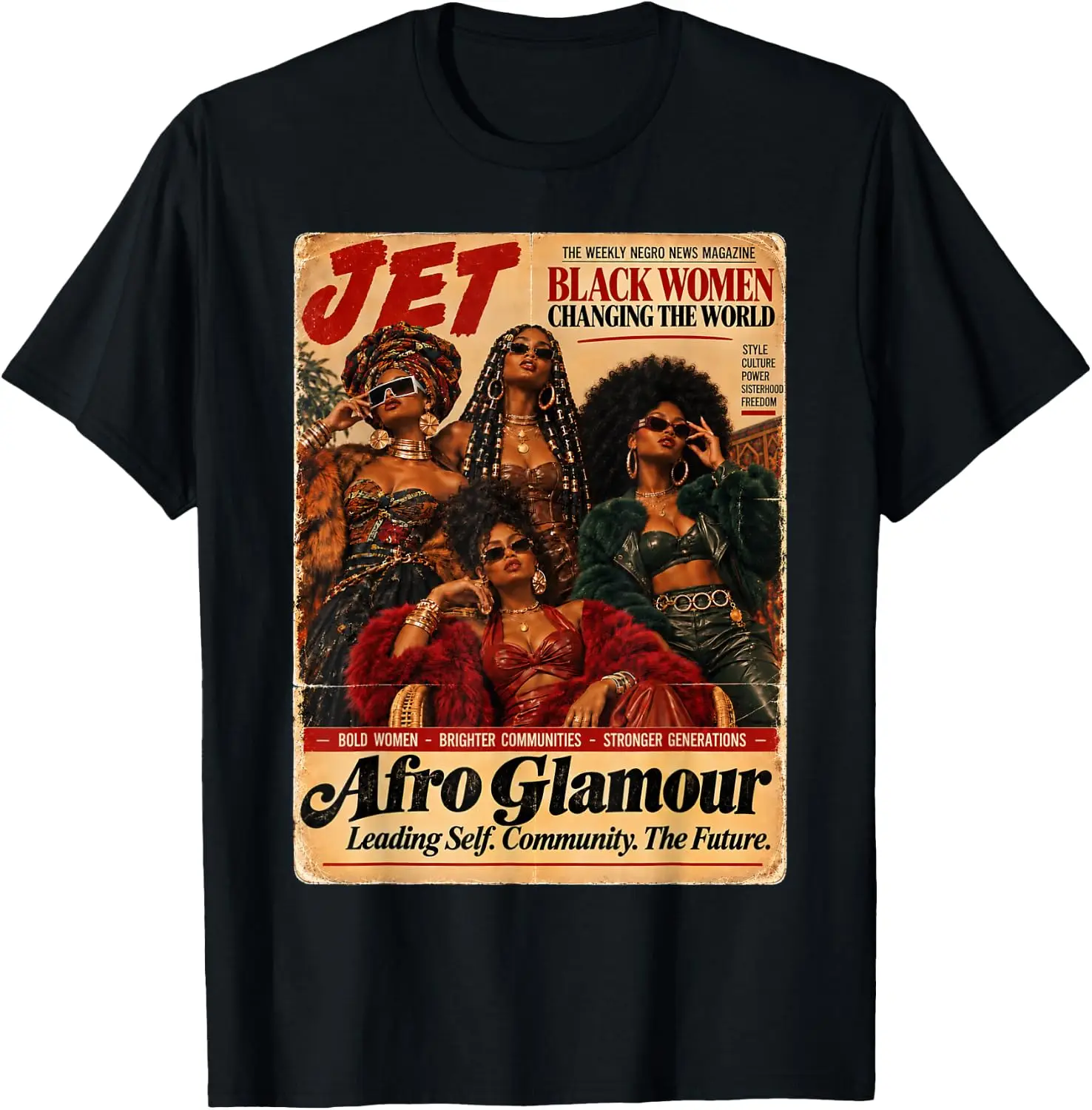 Black Women Afro Glamour Style Culture Sisterhood Fashion T-Shirt Premium heavyweight pure cotton—stylish, versatile, and unisex; a perfect Christmas gift suitable for year-round wear.