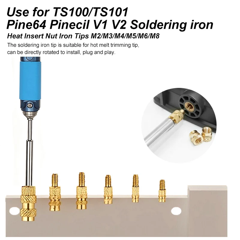 Brass Hot Melt Insert Nut TS100 TS101 PIne64 PInecil V1 V2 Soldering Iron Tip M2-M8 Internal Thread Head for Electronic Repair
