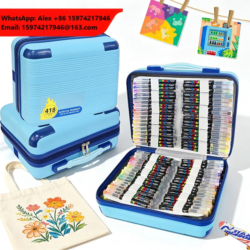 XinyiArt Direct Ink Liquid Acrylic Marker 418 Colors Travel Case Soft Tip Blendable Brush Marker Art DIY Painting On Glass Stone