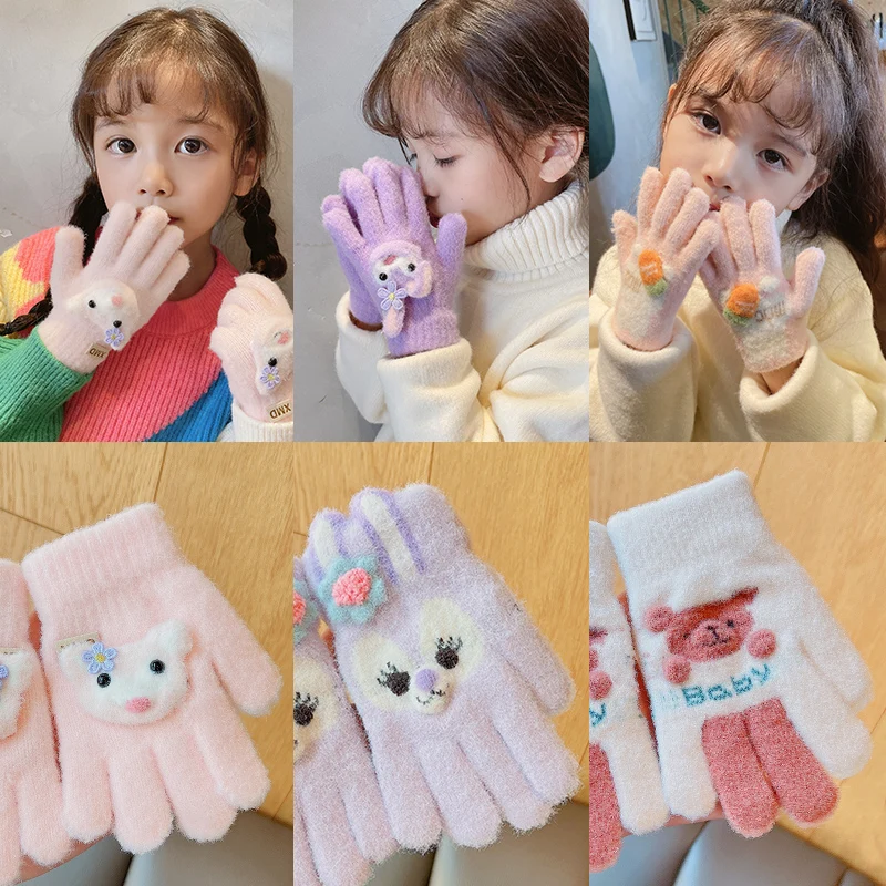 Winter New Baby Girls Sweet Soft Cartoon Knitted Yarn Keep Warm Gloves Children Lovely Five Finger Gloves Kids Fashion Gloves