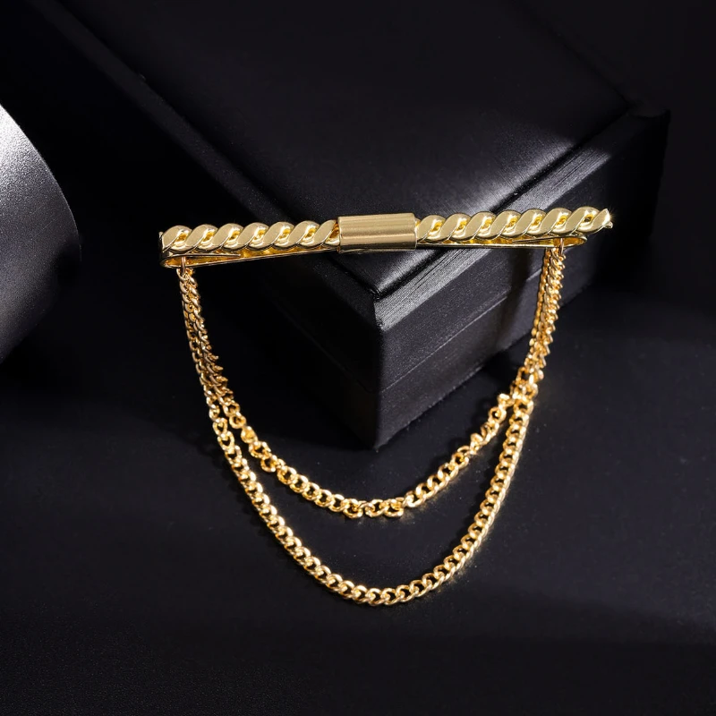 Gold and Silver Color Brooch Pin with Tassel Chain for Shirt Collars description 2