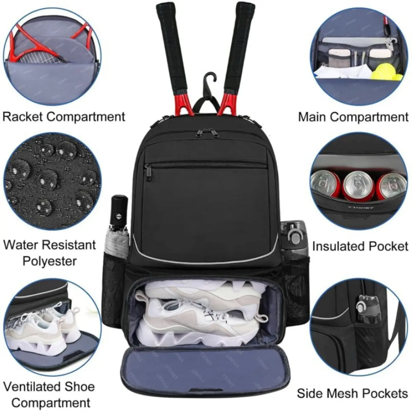 Tennis Backpack Large Capacity Sports Racket Pack Holds 1-2 Tennis Rackets Outdoor Professional Badminton Bag With Shoe Pocket