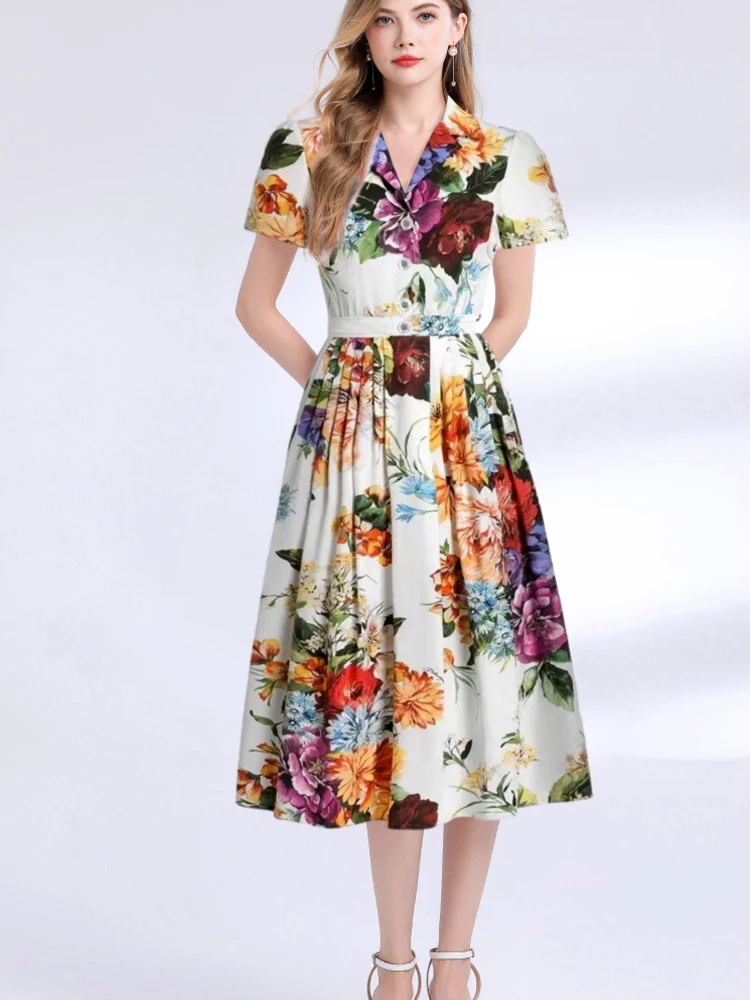 

Retro Printed Suit Collar Single Button Slim Fit Dress 2025 New Fashionable Summer Women'S Clothing