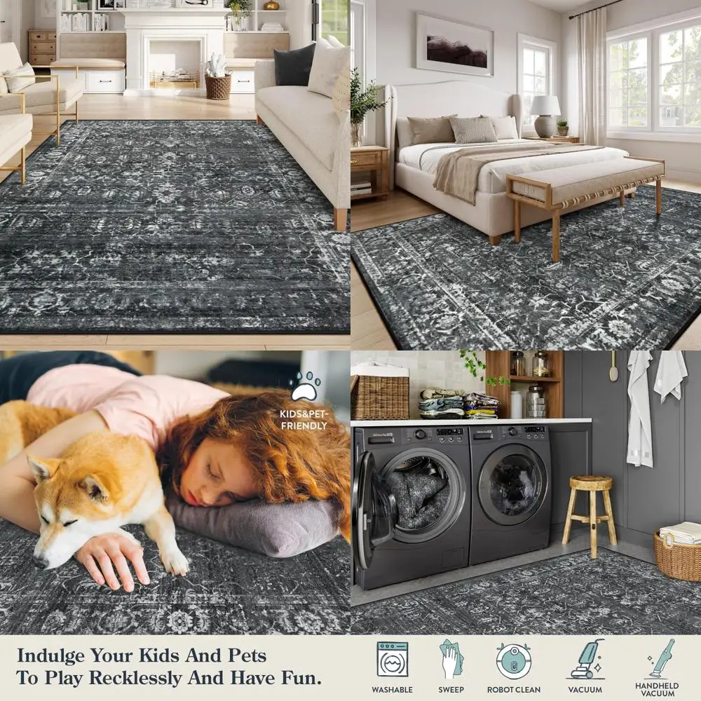 سجاد غرفة المعيشة قابل للغسل مقاس 8 × 10، سجاد منطقة كبيرة سوداء عتيقة، سجاد داخلي ناعم غير قابل للانزلاق