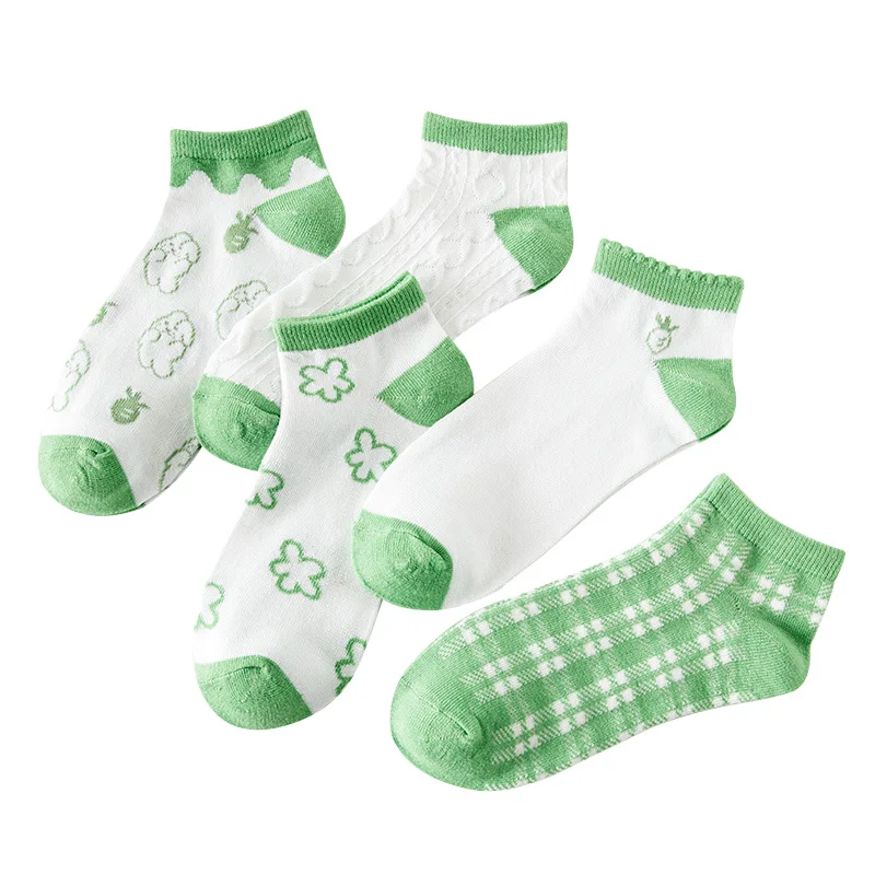 5 Pairs Women Socks Spring Summer Green Printing Women Low Cylinder Socks Comfortable Cotton Short Tube Socks Shallow Mouth Sock