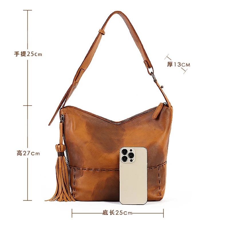 فريدة من نوعها شرابة لهجة يدويا المتعثرة جلد طبيعي المتشرد محفظة المرأة خمر حقائب كتف جلد البقر #6