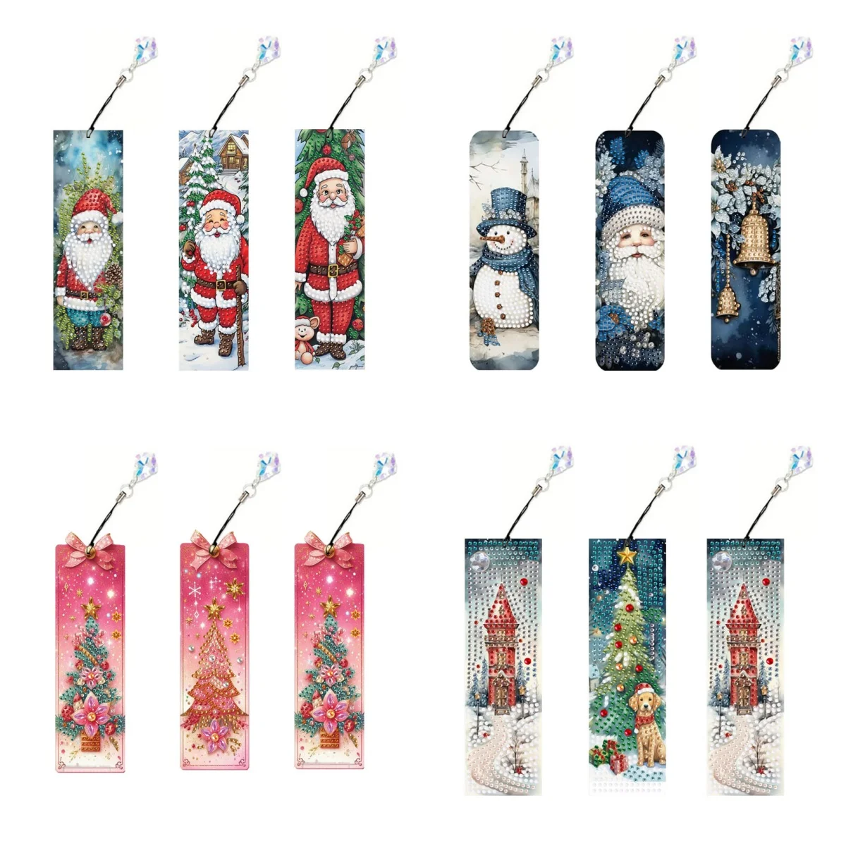 3 DIY-Diamantmalerei-Sets, Weihnachtsmotive, PET-Material, Diamantmalerei-Lesezeichen und Kristallanhänger