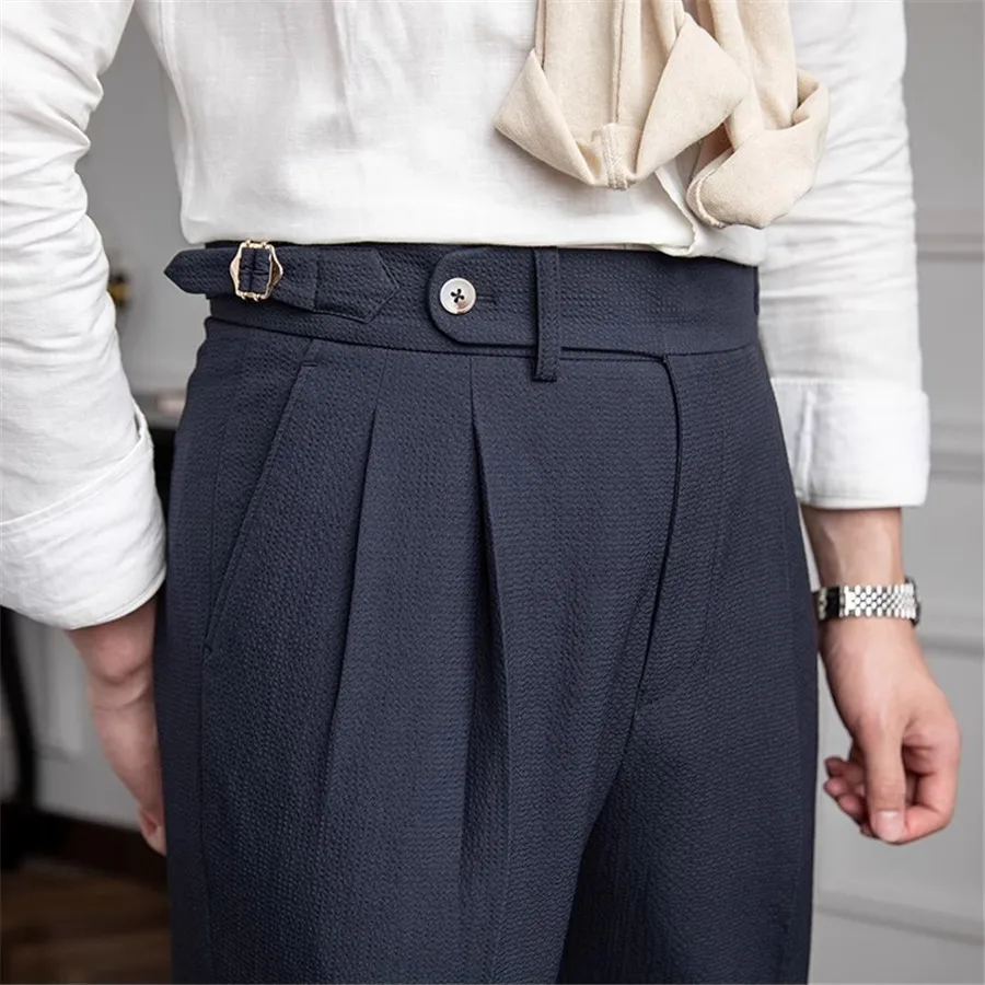 2027 New Summer Men Solid Color Suit Trousers Trendy Belt High Waist Pants Male Business Office Pleated Straight Long Pants