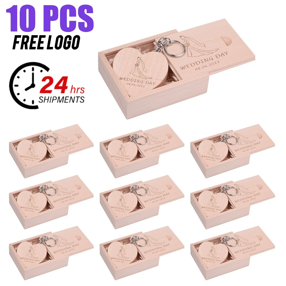 

10PCS Free Custom Logo USB Flash Drive 128GB Wooden Memory Stick 64GB Heart Shape Pen Drive 32GB Free Key Chain Flash Disk 16GB
