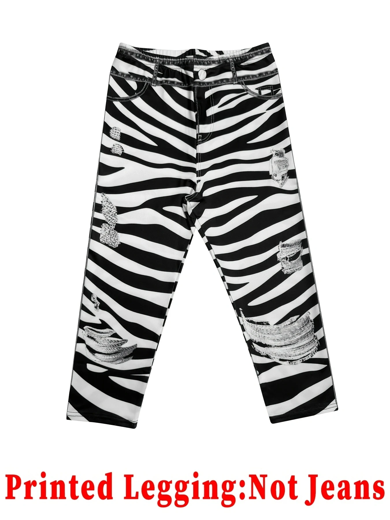 Damen Zebra-Print Faux-Denim Capri-Leggings mit Hoher Taille, Zerrissen, Eng Anliegend, Nicht aus Denim, Fake-Jeans, Lässige Cropped-Hose – Detail 4