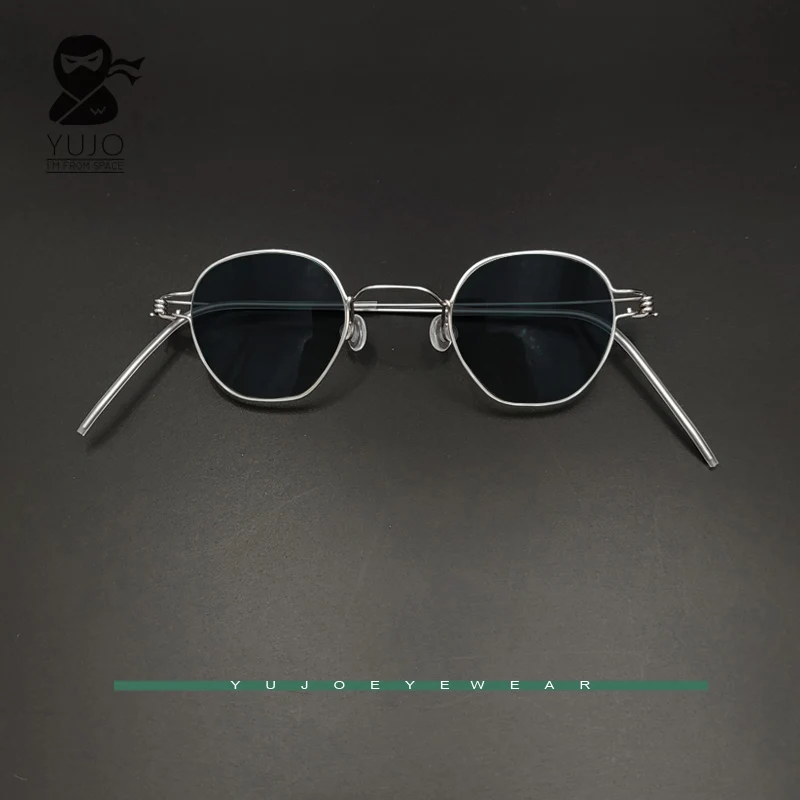 Handmade screwless polygonal metal sunglasses suitable for men and women with dark gray, dark green, and dark brown lenses